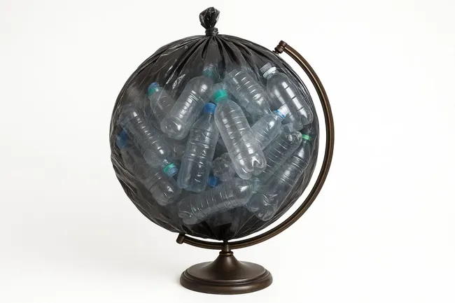 Erdkugel aus Müllsack und Plastikflaschen - Symbol für Umweltverschmutzung