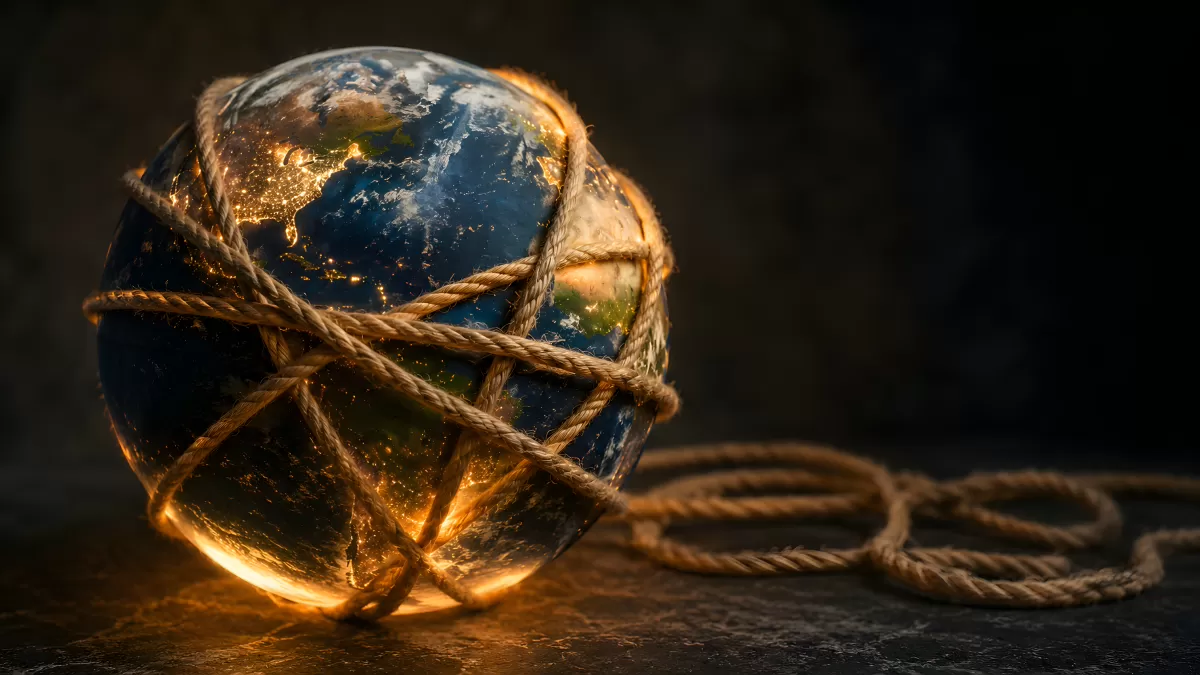 Erdkugel mit Seilen umwickelt leuchtet golden