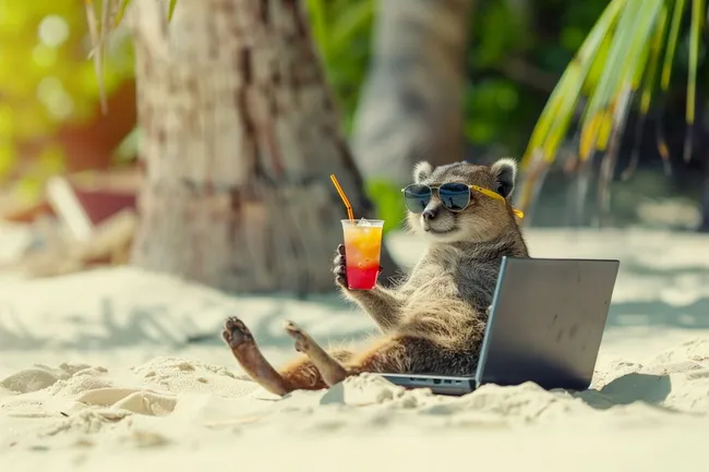 Erdmännchen am Strand mit Cocktail und Laptop
