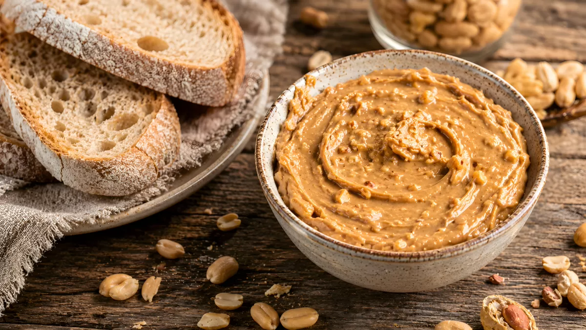 Erdnussbutter in Schüssel mit frischem Brot und Erdnüssen