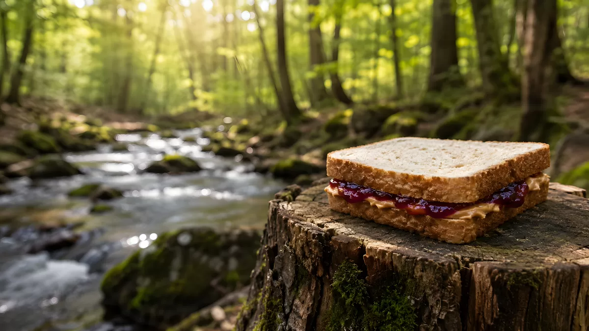 Erdnussbutter-Sandwich auf Baumstumpf im Wald