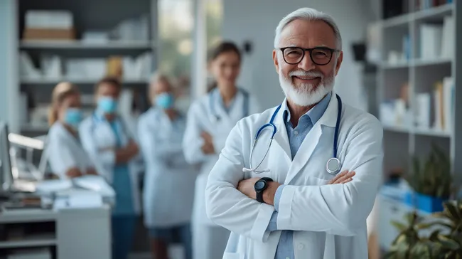 Erfahrener Arzt mit medizinischem Team in moderner Klinik