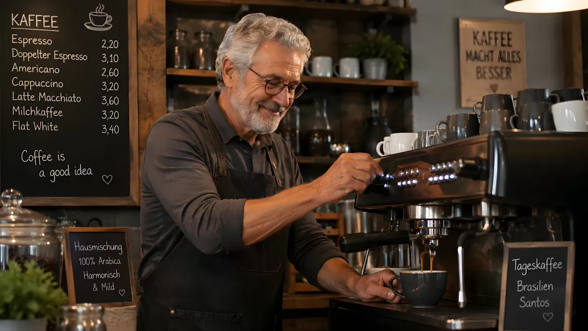 Erfahrener Barista bereitet Espresso an Siebträgermaschine zu
