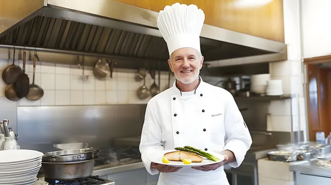 Erfahrener Chefkoch mit Gourmetgericht in professioneller Restaurantküche