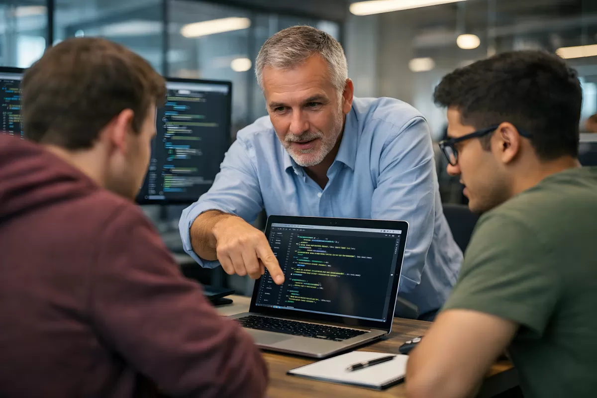 Erfahrener Entwickler erklärt Code an Laptop
