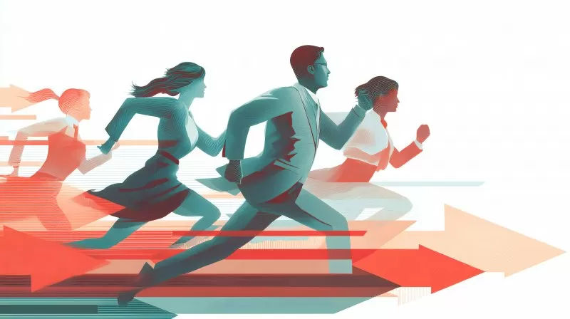 Erfolg & Motivation: Business Team läuft gemeinsam nach vorn