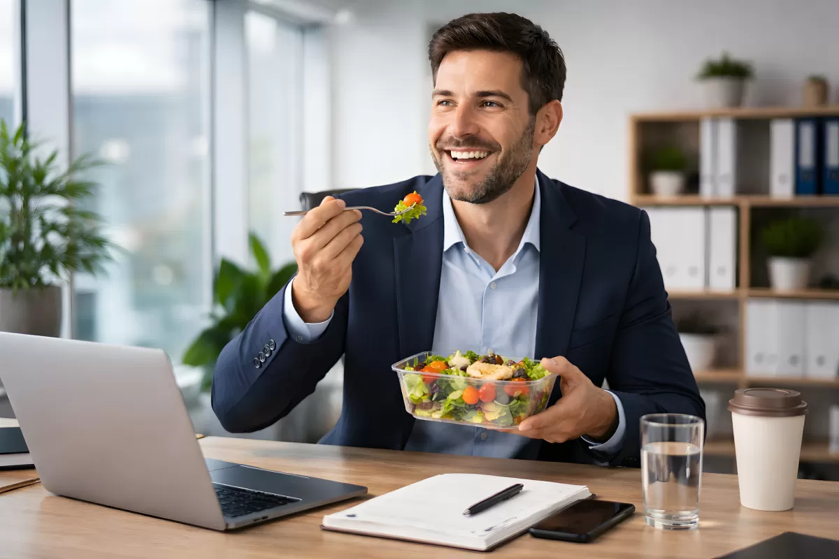 Erfolgreicher Geschäftsmann genießt gesunde Mittagspause