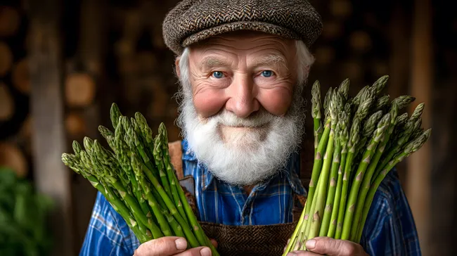 Erfreuter Landwirt mit frischem Spargel in Händen