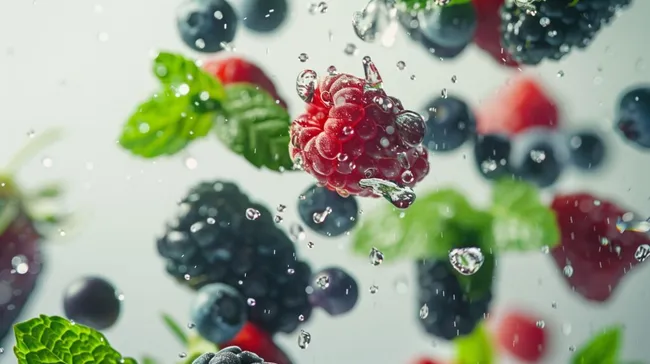 Erfrischende Beeren- und Kräutermischung mit Wassertropfen