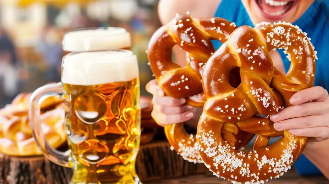 Erfrischende Brezeln und Bier im Biergarten
