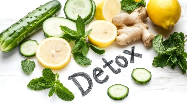 Erfrischende Detox-Zutaten auf weißem Holztisch