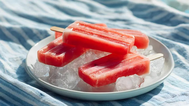 Erfrischende Eislutscher mit Wassermelone auf Eiswürfeln
