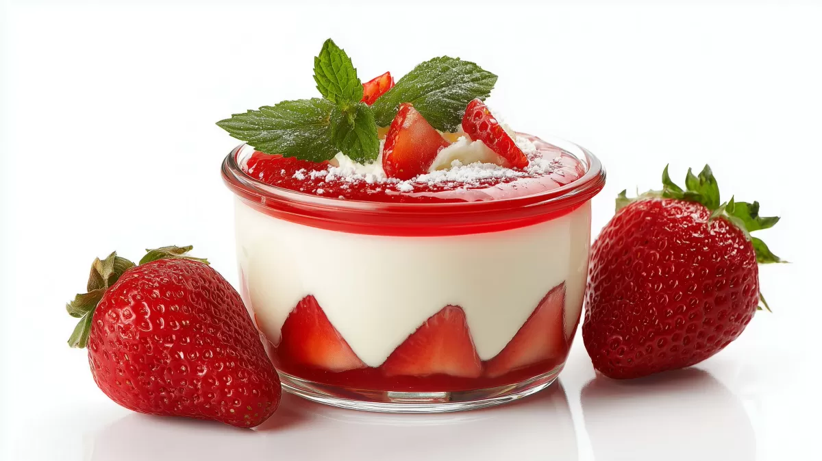 Erfrischende Erdbeercreme mit Minze garniert