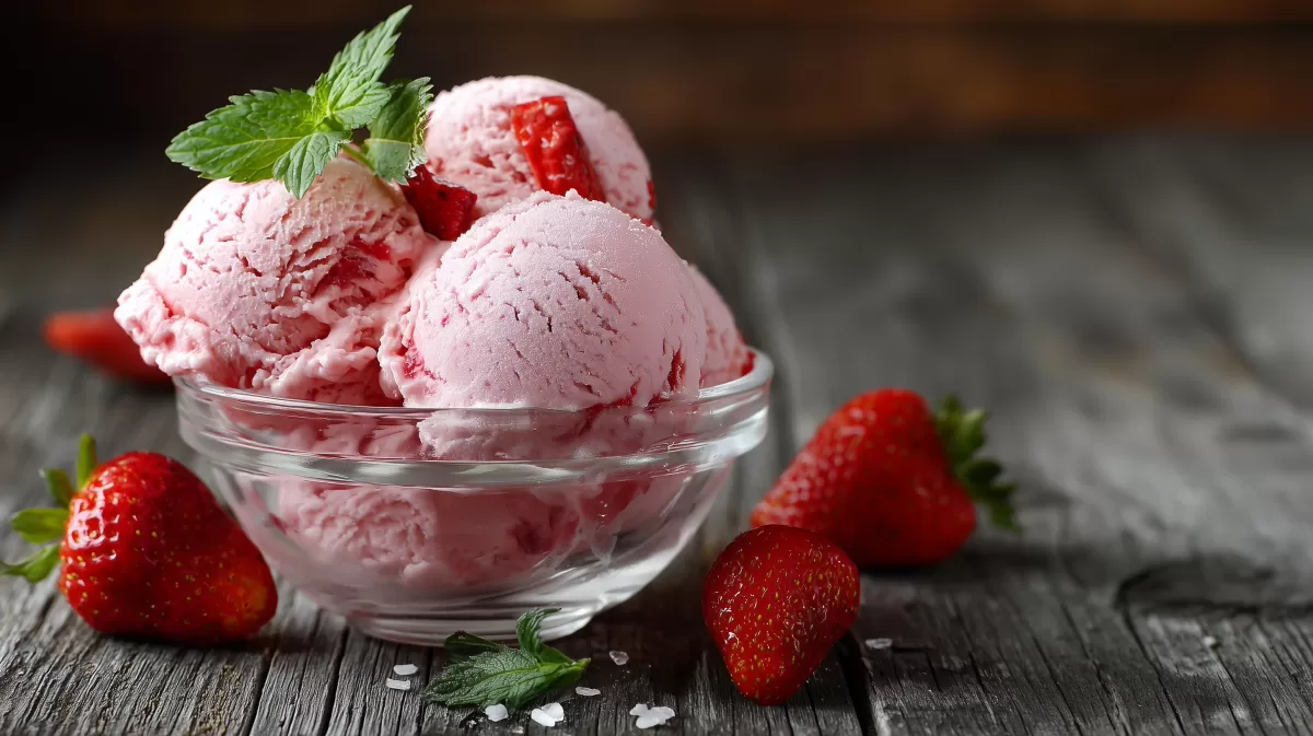 Erfrischende Erdbeereis-Kugeln auf dunkler Holzoberfläche