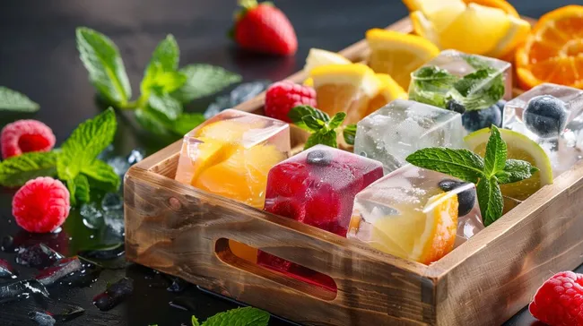 Erfrischende Früchteeis-Würfel im Holzkasten
