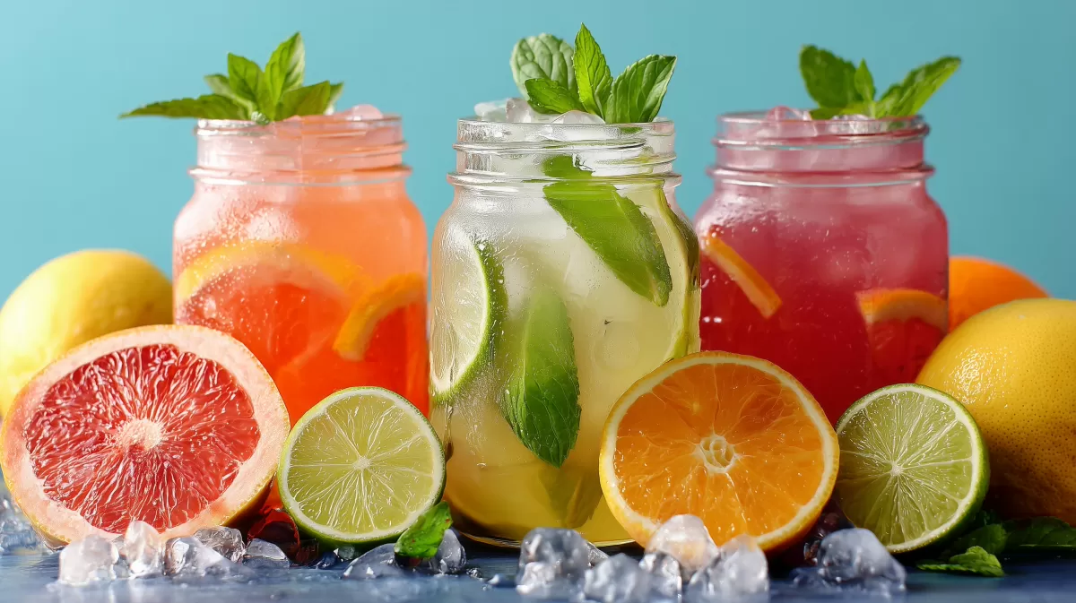 Erfrischende Getränke mit Zitronen, Orangen und Minze