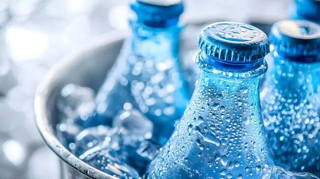 Erfrischende Getränkeflaschen in gekühltem Eisbad