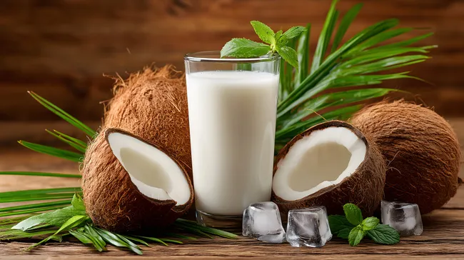 Erfrischende Kokosmilch mit Eiswürfeln und Minze