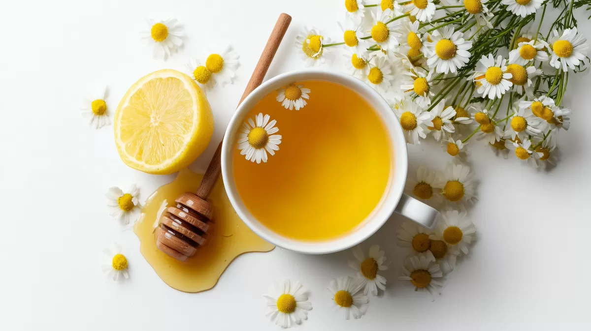 Erfrischende Kräutertee-Szene mit Zitrone und Gänseblümchen