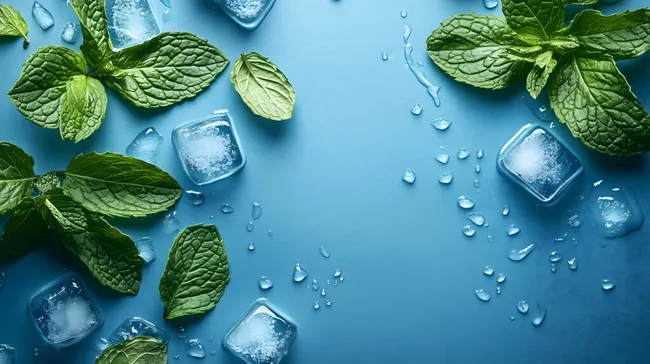 Erfrischende Minze mit Eiswürfeln auf blauem Hintergrund