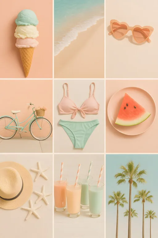 Erfrischende Sommercollage mit Strand, Fahrrad und Desserts