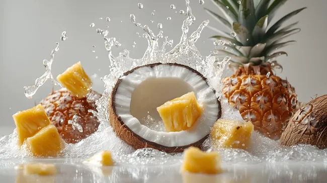 Erfrischende tropische Früchte mit spritzendem Wasser