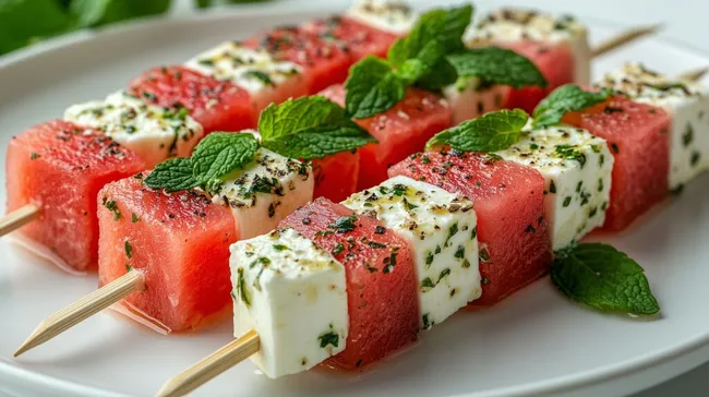 Erfrischende Wassermelonen-Feta-Spieße mit Minze