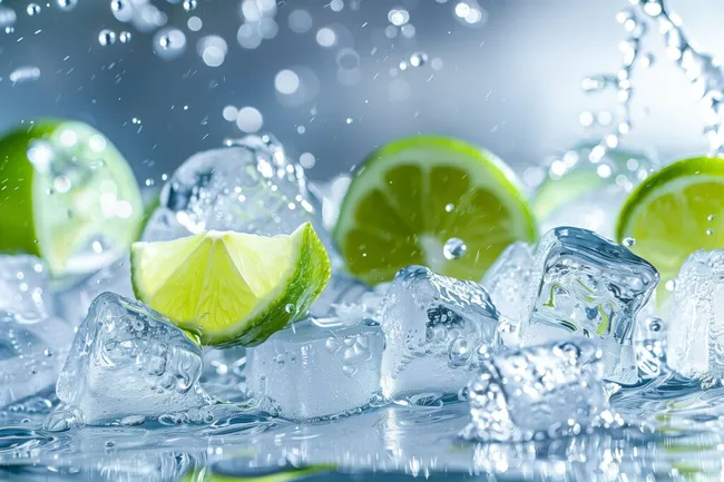 Erfrischende Zitrusfrucht-Komposition mit Eiswürfeln