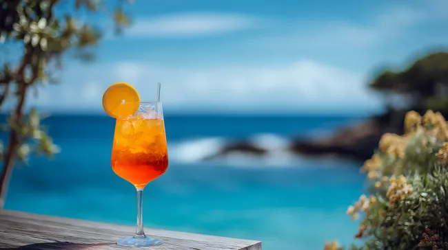Erfrischender Aperol Spritz am Meer bei Sonnenuntergang