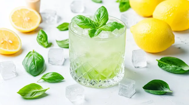 Erfrischender Basilikum-Zitrus-Cocktail mit Eiswürfeln