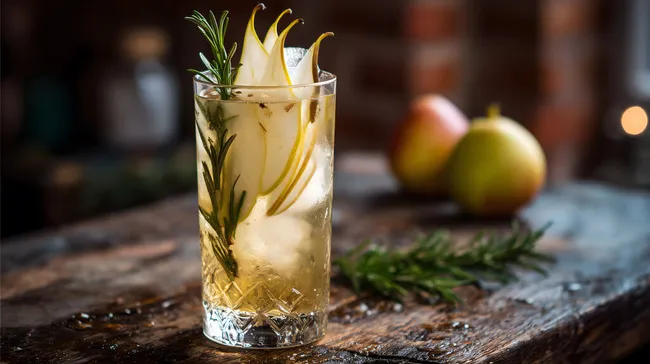 Erfrischender Birnen-Cocktail mit Rosmarin auf Holztisch