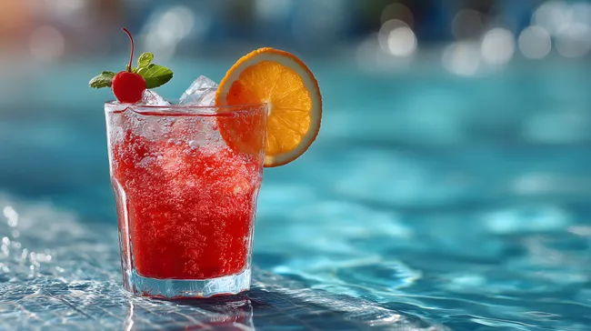 Erfrischender Cocktail mit Orange und Kirsche am Pool