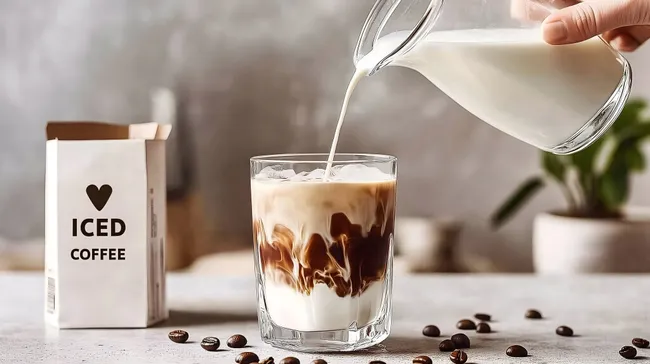 Erfrischender Eiskaffe mit Milch und Kaffeebohnen