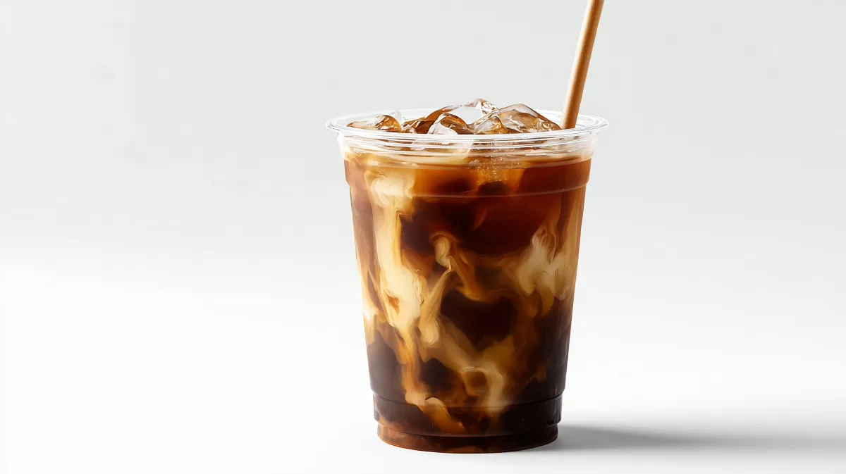 Erfrischender Eiskaffee mit Eiswürfeln und Strohhalm