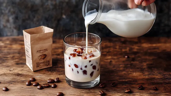 Erfrischender Eiskaffee mit Milch in rustikaler Umgebung