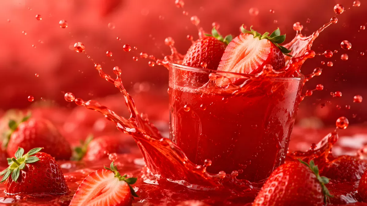 Erfrischender Erdbeersaft spritzt aus einem Glas