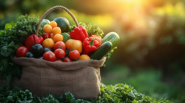 Erfrischender Gemüsekorb mit Bio-Produkten