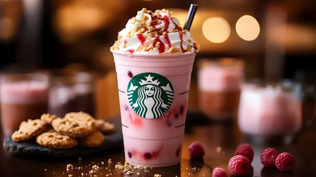 Erfrischender Himbeere-Cheesecake-Frappuccino mit Sahne und Keksen