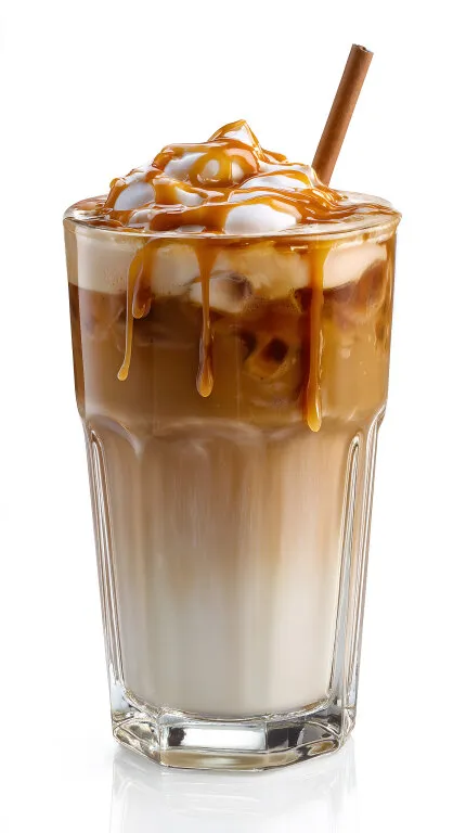 Erfrischender Karamell-Eiskaffee mit Sahne und Strohhalm