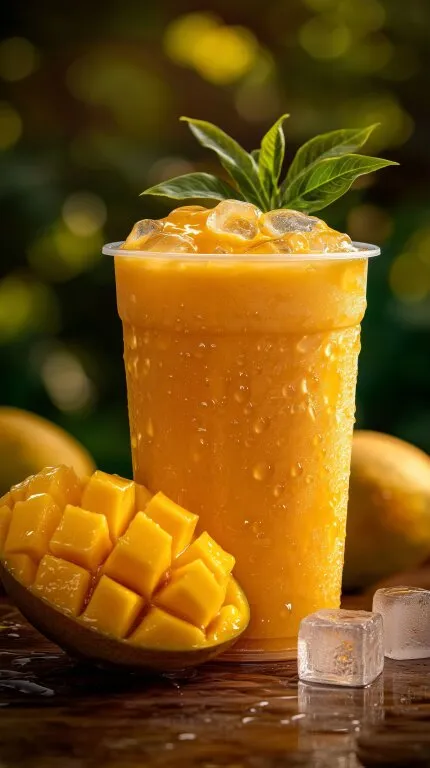 Erfrischender Mangosmoothie mit Eiswürfeln