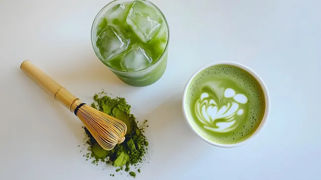Erfrischender Matcha-Latte mit Blütenverzierung