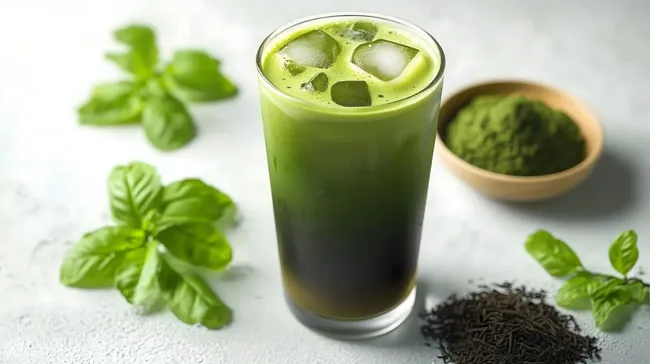 Erfrischender Matcha-Latte mit Eiswürfeln