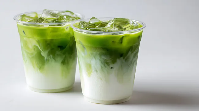 Erfrischender Matcha-Latte mit Milch in Gläsern