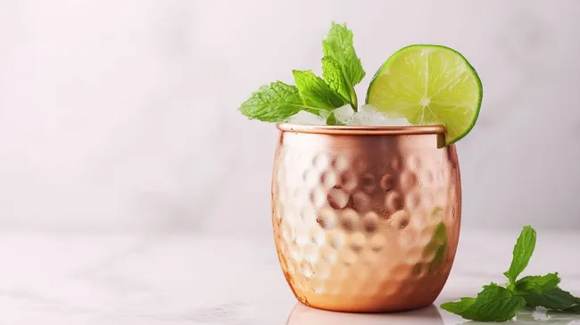 Erfrischender Moscow Mule in Kupferbecher mit Limette und Minze