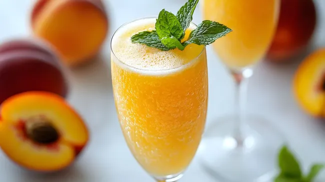 Erfrischender Pfirsichcocktail mit Minze in Champagnerglas