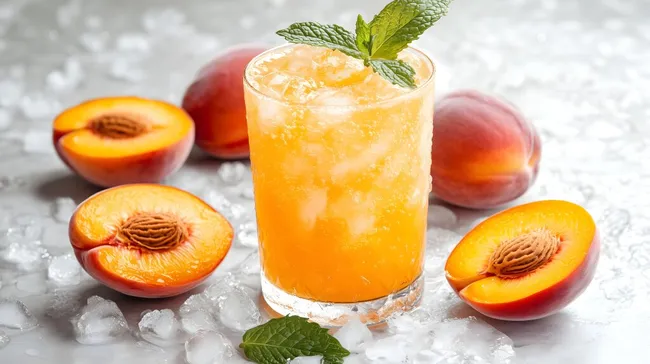 Erfrischender Pfirsichcocktail mit Minze und Eis