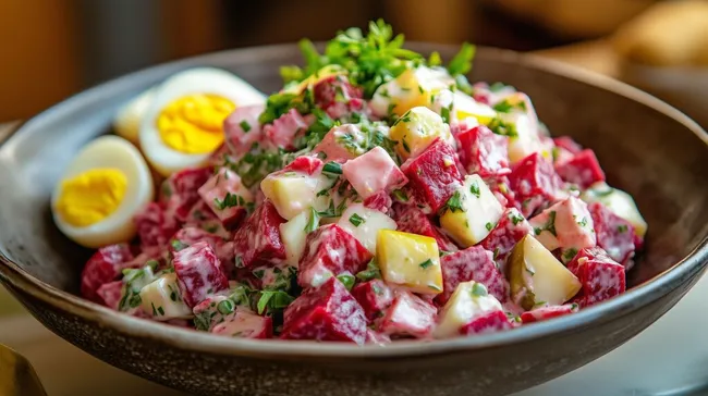 Erfrischender Rote-Beete-Kartoffelsalat mit Eiern