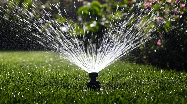 Erfrischendes Beregnungssystem auf grüner Rasenfläche