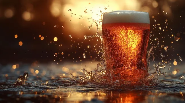 Erfrischendes Bier spritzt bei Sonnenuntergang