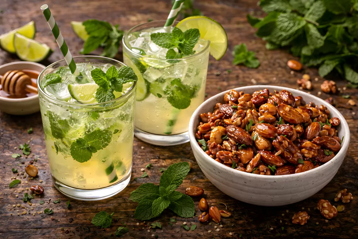 Erfrischendes Minz-Limetten-Getränk mit karamellisierten Nüssen